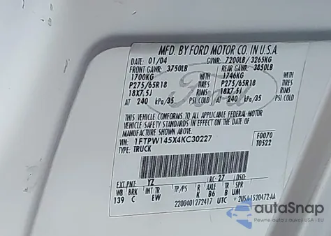 2004 Ford F-150 Fx4/Lariat/Xlt из США, поврежденный, VIN 1FTPW145X4KC30227